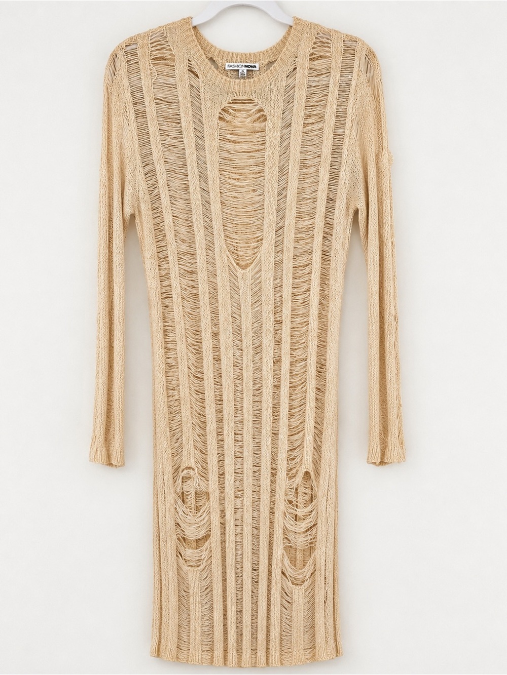 Fashion Nova Beige Open-Weave Long Sleeve Swim Coverup Dress